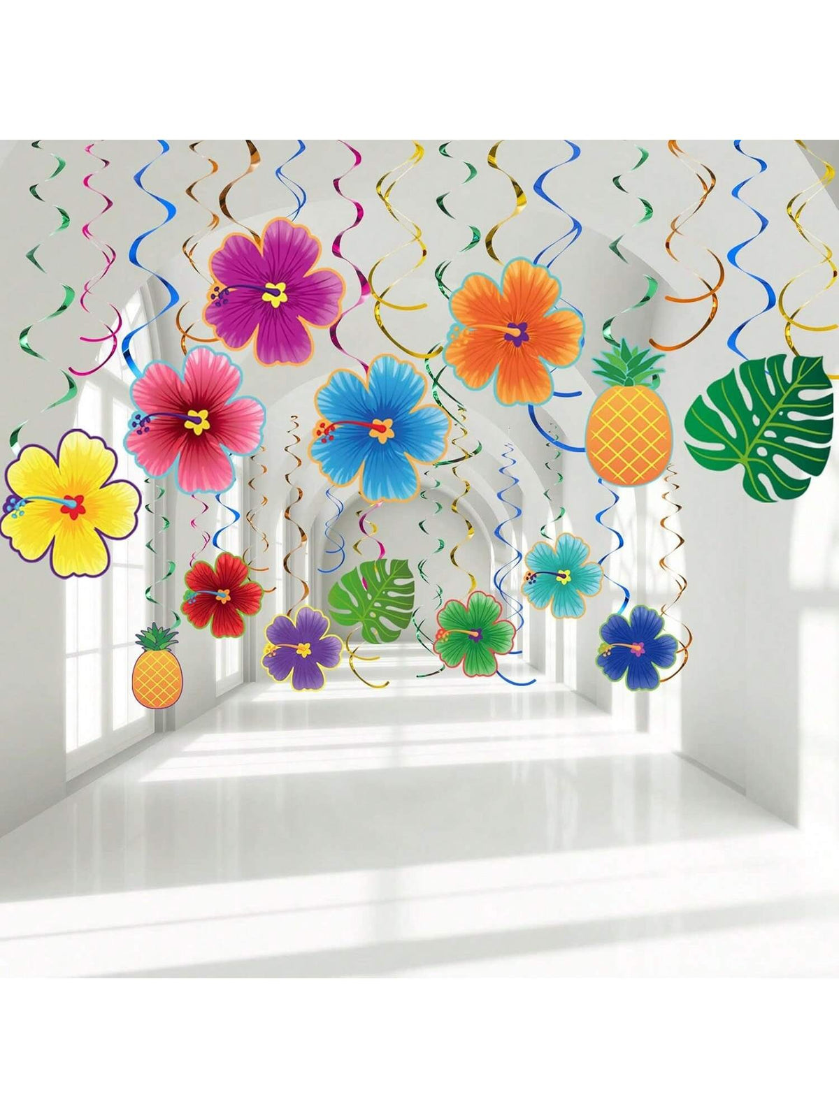 Hawaiian Luau Party Decorations 30 pcs Hanging Hibiscus Foil Swirls Ceiling