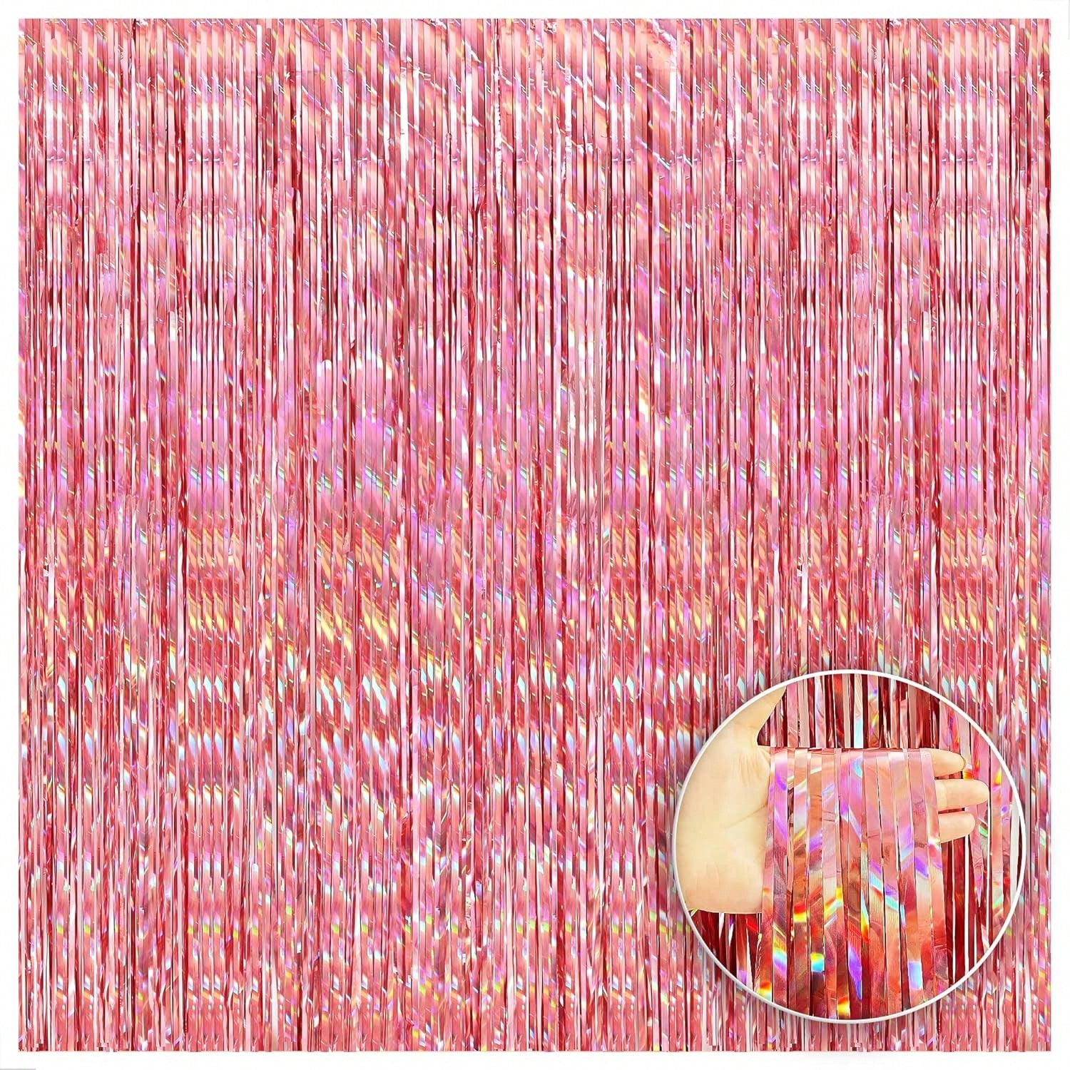 Holographic Rose Gold Backdrop 3.2x8 Ft Fringe Curtain for Party Decor