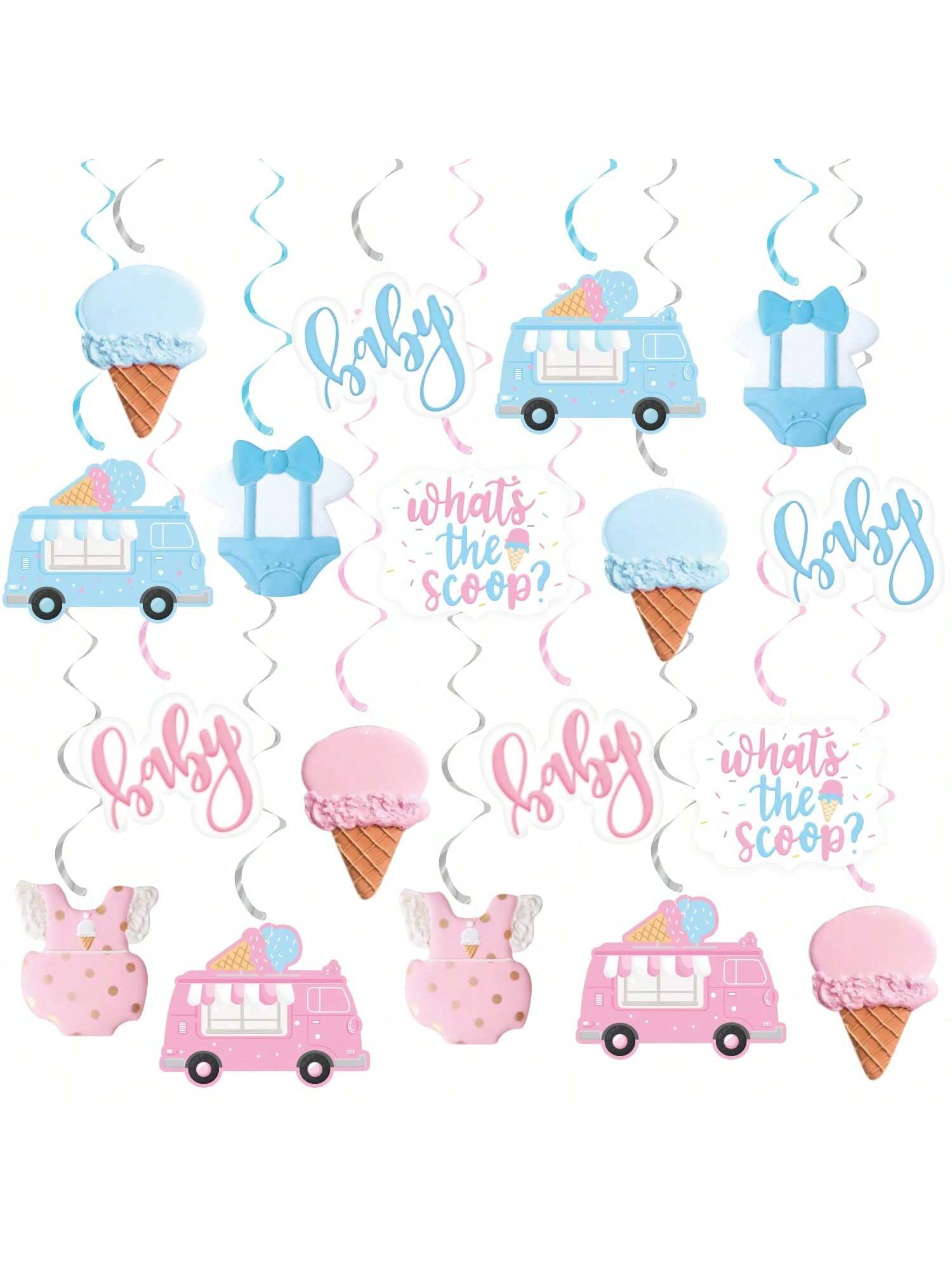 Ice Cream Gender Reveal Hanging Swirls 20pcs Pink & Blue Party Decor