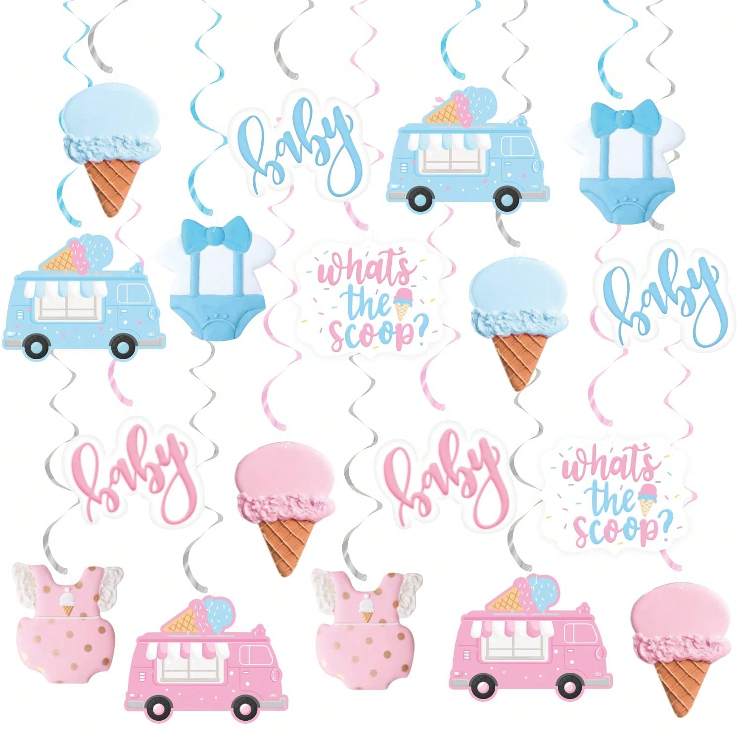 Ice Cream Gender Reveal Hanging Swirls 20pcs Pink & Blue Party Decor