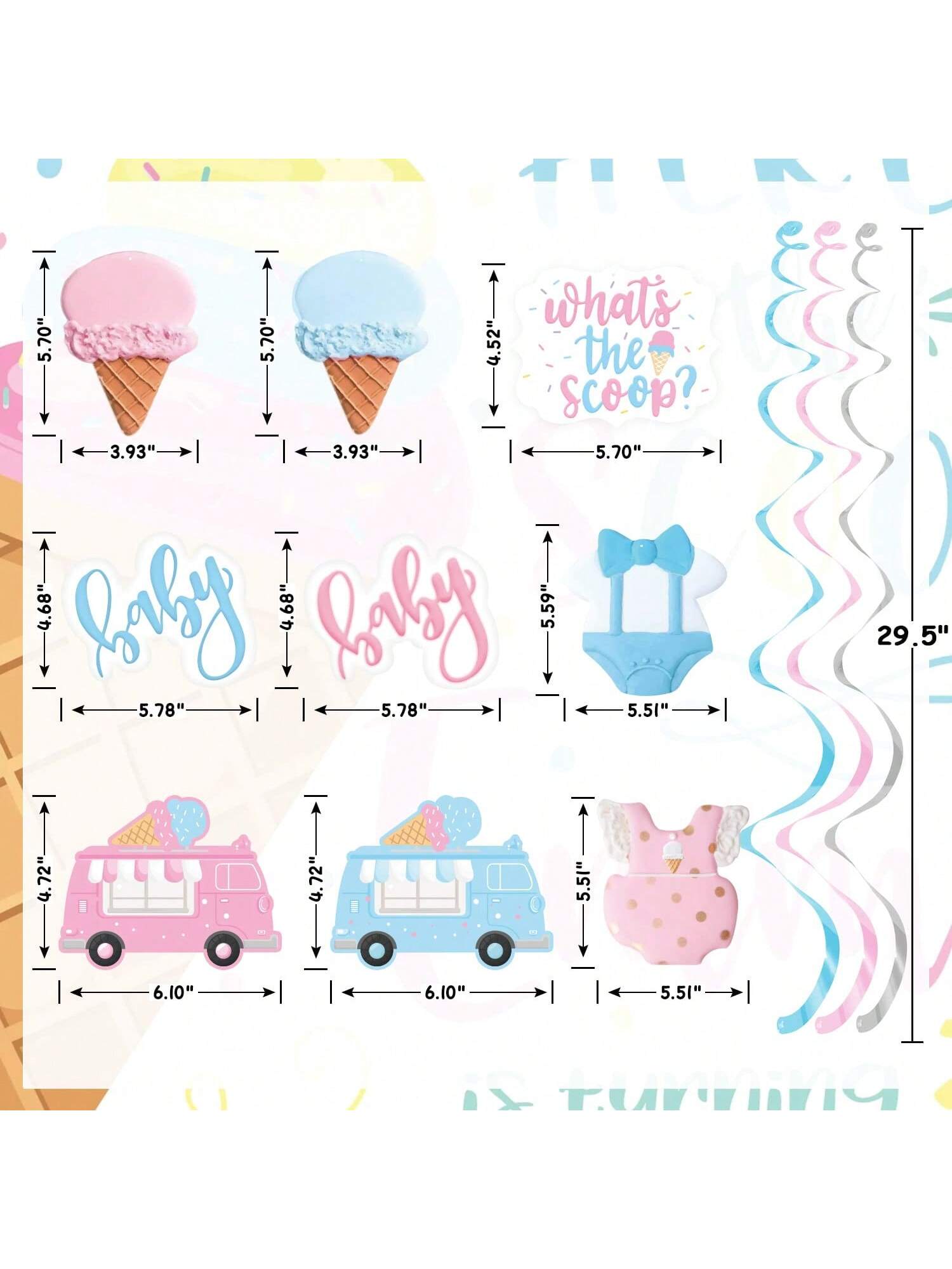 Ice Cream Gender Reveal Hanging Swirls 20pcs Pink & Blue Party Decor