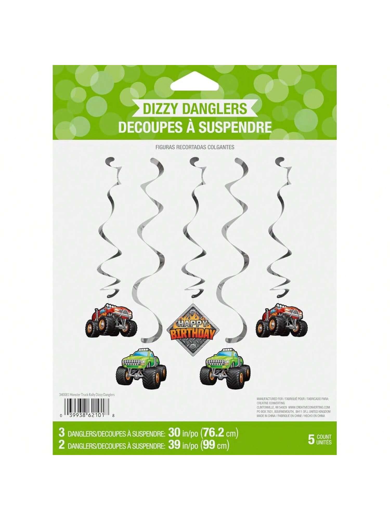 Monster Truck Dizzy Danglers, 5 Ct, Multi-Colored, 39"