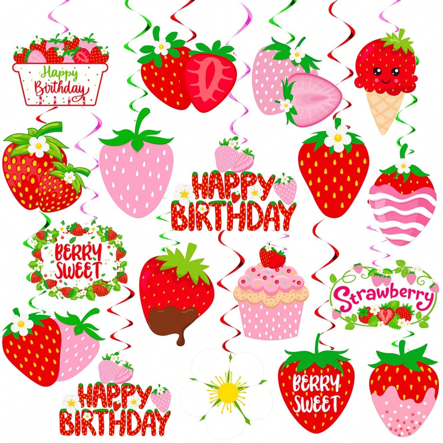 Strawberry Hanging Swirls 20pcs Ceiling Streamers for Birthday & Shower Party