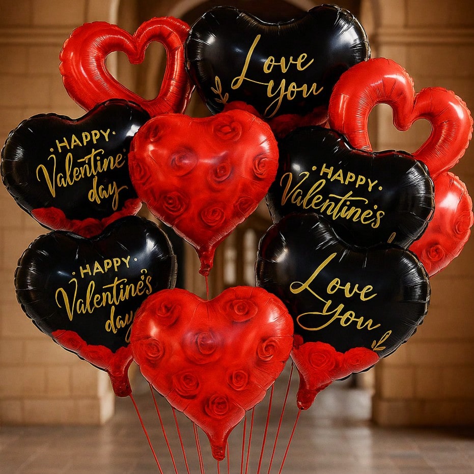12pcs Black and Red Heart Foil Balloons 18in Valentine's Day Decor