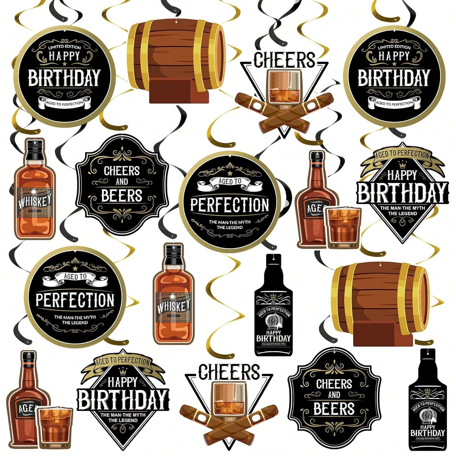 Whiskey Birthday Party Hanging Swirls for Men Aged to Perfection