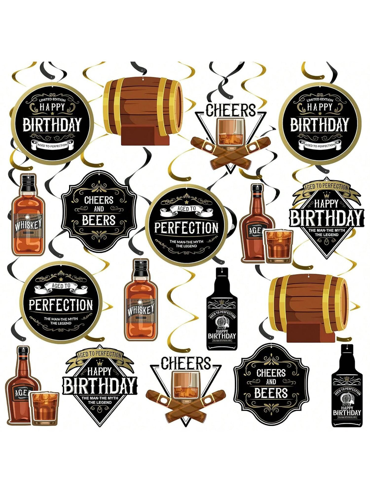 Whiskey Birthday Party Hanging Swirls for Men Aged to Perfection
