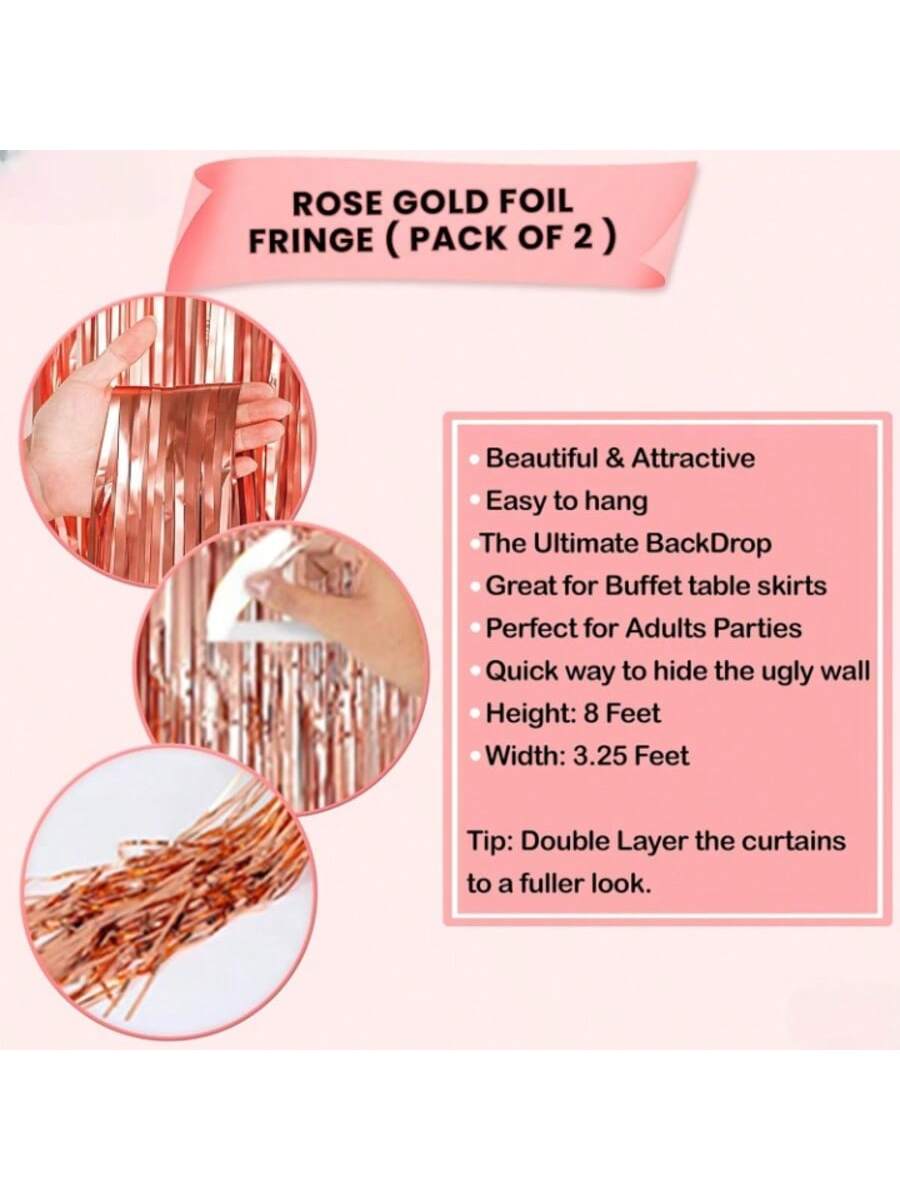Xtralarge 6.4x8ft Rose Gold Fringe Curtain Pack of 2 for Party Decor