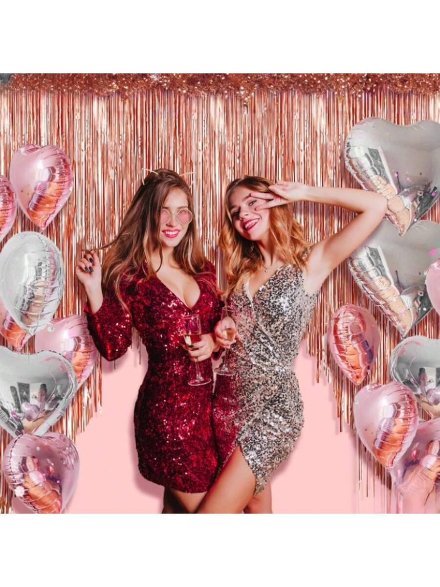 Xtralarge 6.4x8ft Rose Gold Fringe Curtain Pack of 2 for Party Decor