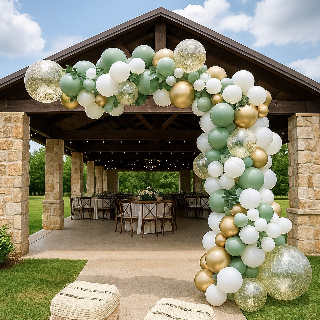 137PCS Sage Green Balloon Garland Kit with White Gold Confetti for Parties