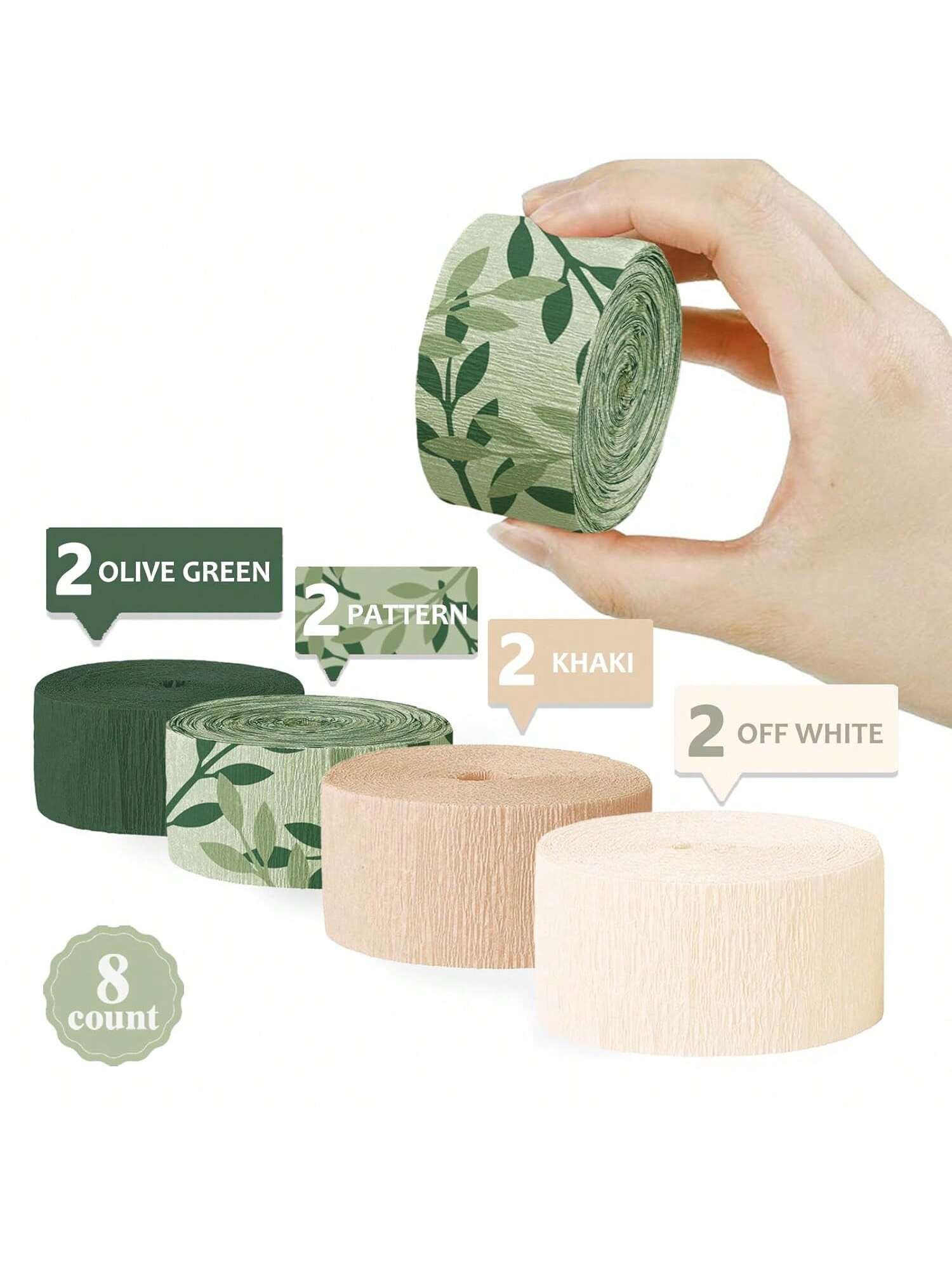 8 Rolls Olive Green Crepe Paper Streamers 82ft for Party DIY Decorations