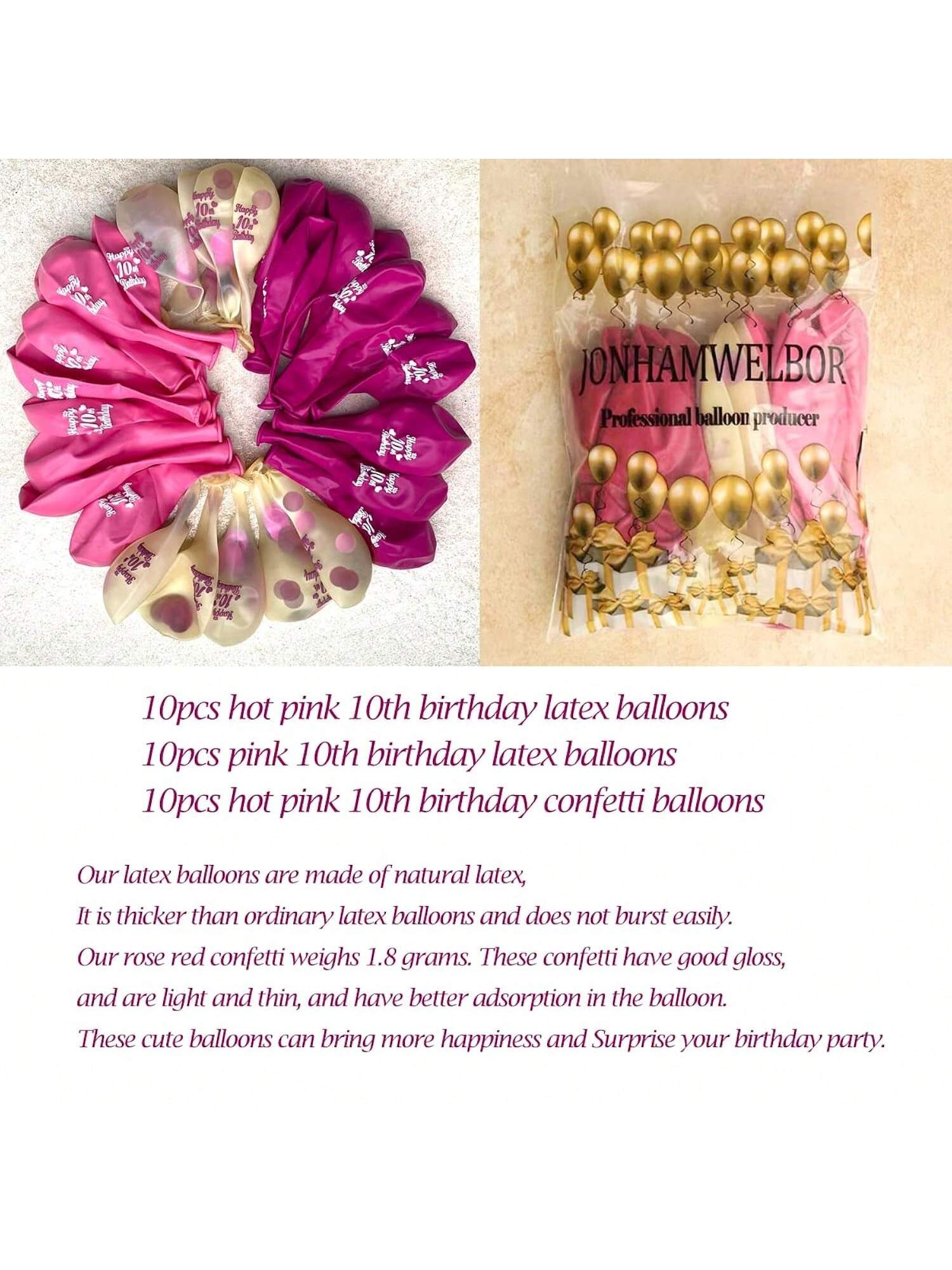 30PCS Sweet 10 Birthday Balloons 12" Pink & Hot Pink with Confetti