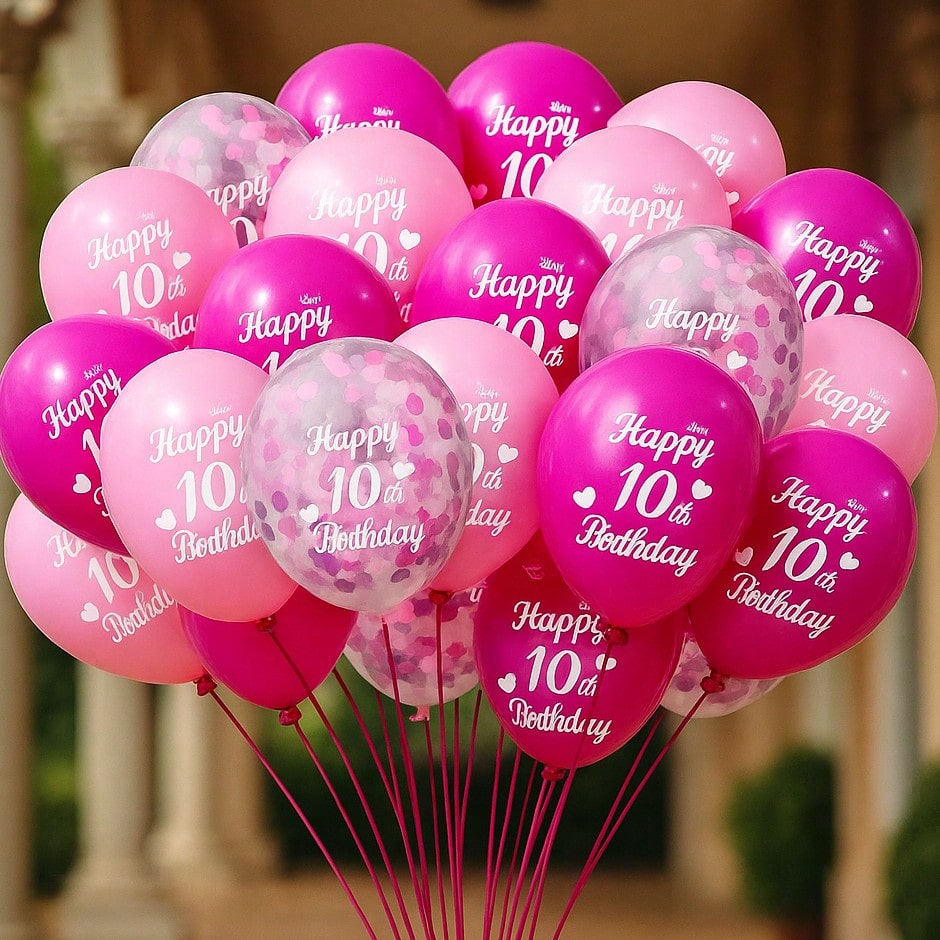 30PCS Sweet 10 Birthday Balloons 12" Pink & Hot Pink with Confetti