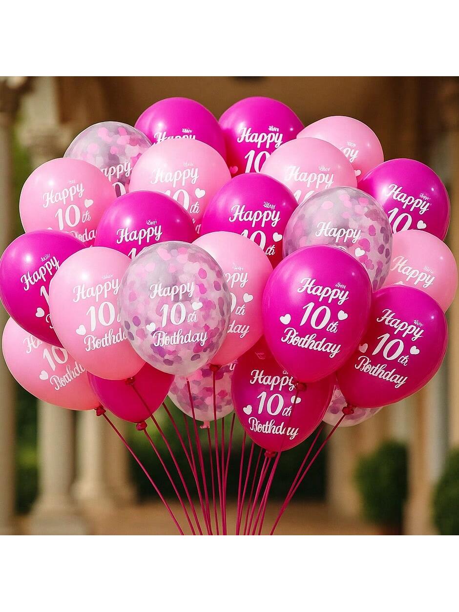 30PCS Sweet 10 Birthday Balloons 12" Pink & Hot Pink with Confetti