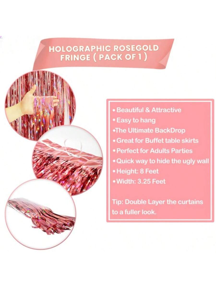 Holographic Rose Gold Backdrop 3.2x8 Ft Fringe Curtain for Party Decor