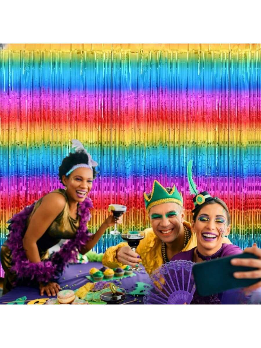 Rainbow Metallic Fringe Curtain 2pcs 6.4x8ft Birthday & Pride Decor