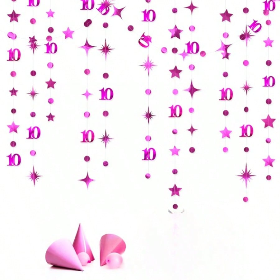 Hot Pink 10th Birthday Decorations with Number 10 Metallic Garland and Banner