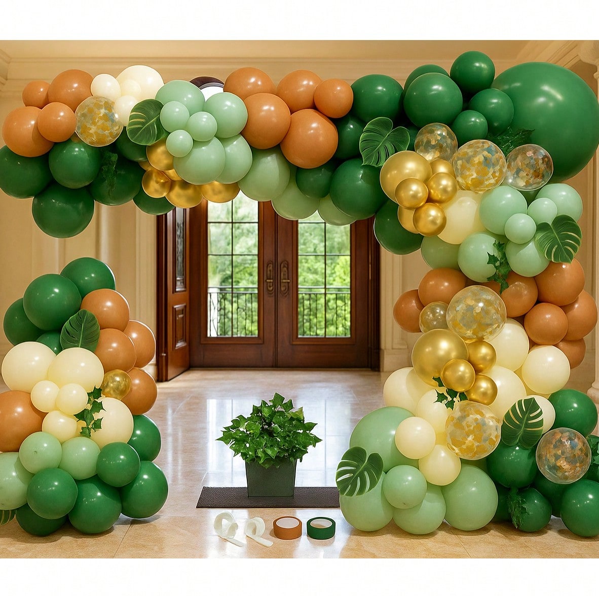 Jungle Arch Kit 148pcs Sage And Brown Balloons With Palm Leaves For Party