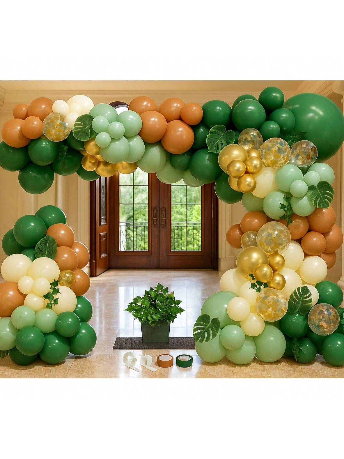 Jungle Arch Kit 148pcs Sage And Brown Balloons With Palm Leaves For Party