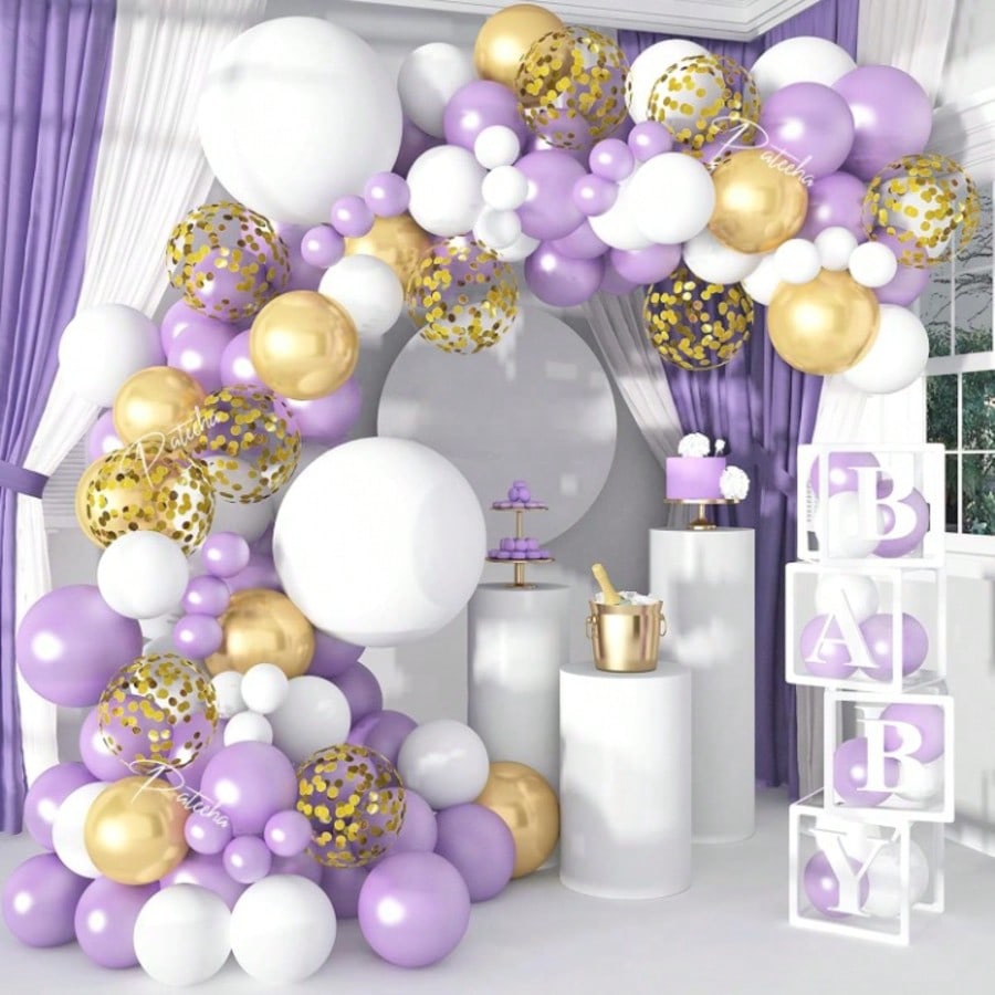 130PCS Purple Balloon Garland Kit with Lavender and Gold Confetti for Parties