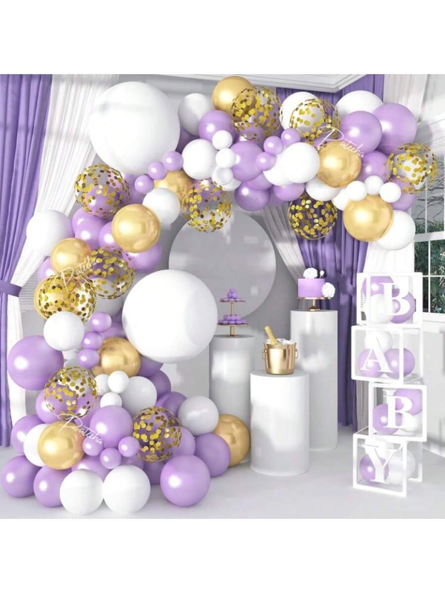 130PCS Purple Balloon Garland Kit with Lavender and Gold Confetti for Parties