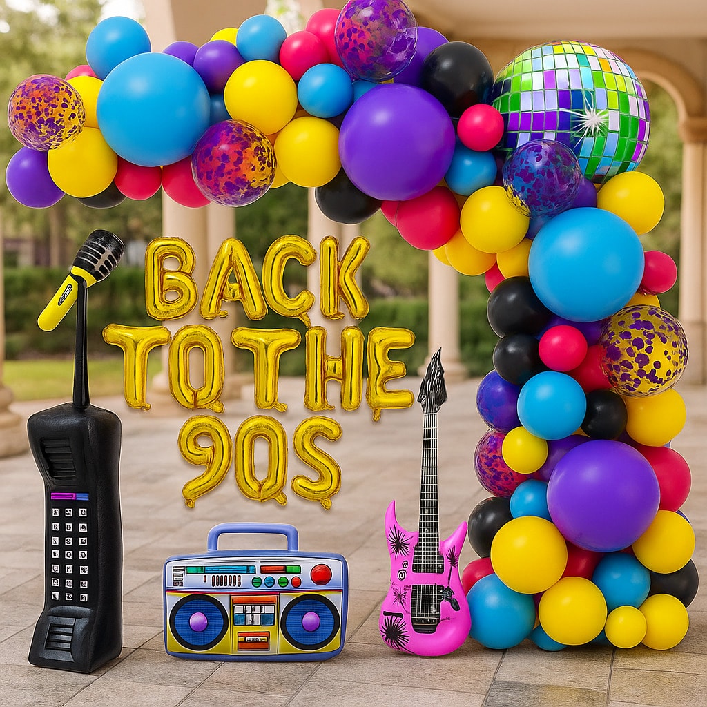 101-Piece 90s Party Set with Disco Ball, Boom Box, Guitar & Balloons