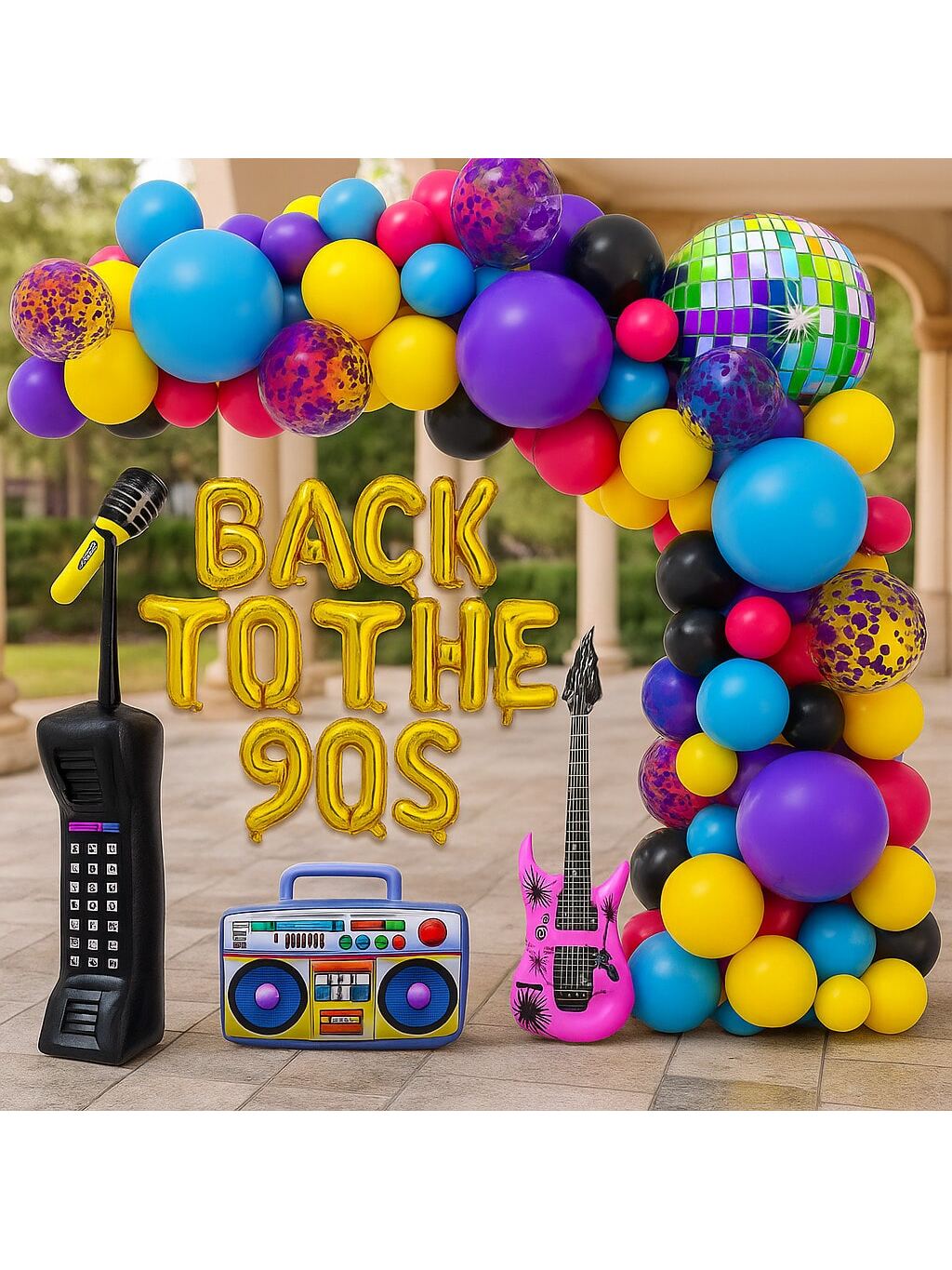 101-Piece 90s Party Set with Disco Ball, Boom Box, Guitar & Balloons