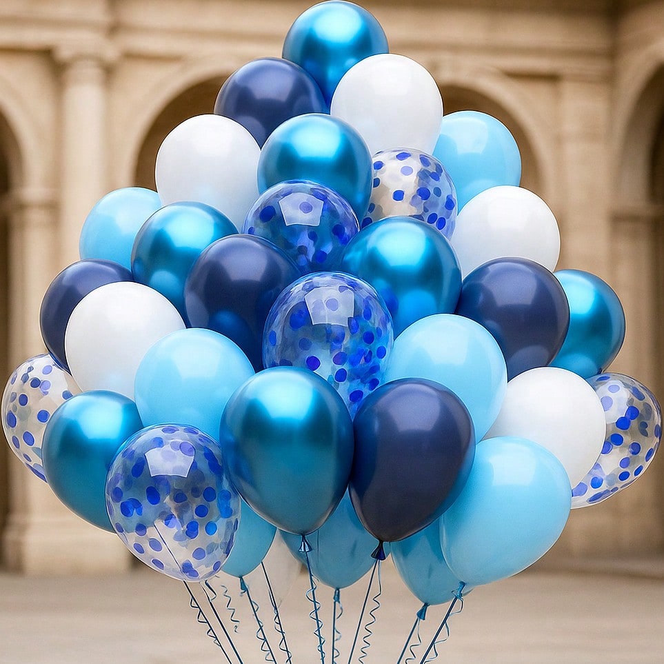100-Pc Blue and White Metallic Balloon Set with Navy Pastel Pearl and Confetti