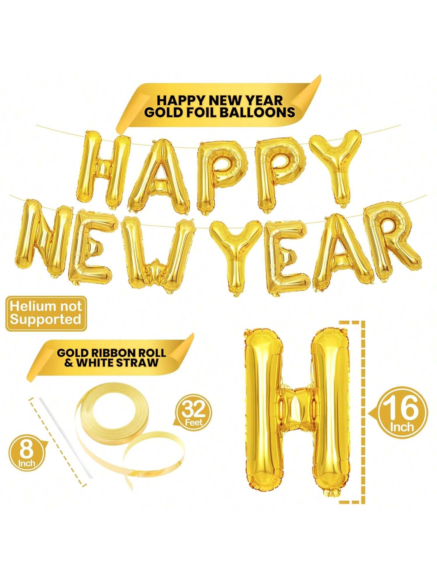 Gold Happy New Year Balloons 16 Inch NYE Party Decorations and Banner