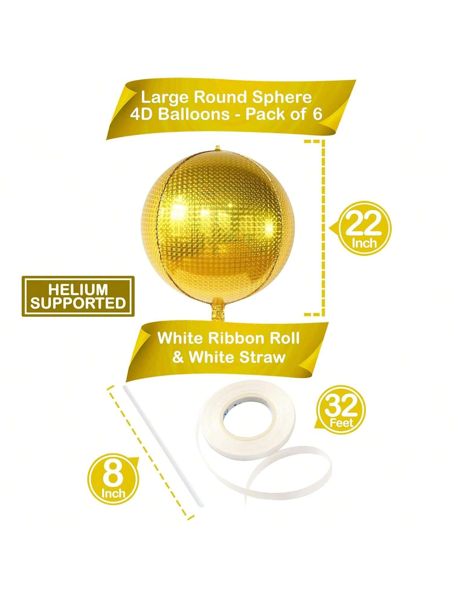 6-Pack 22-Inch Large Gold Metallic Balloons for Disco and NYE Party Decor
