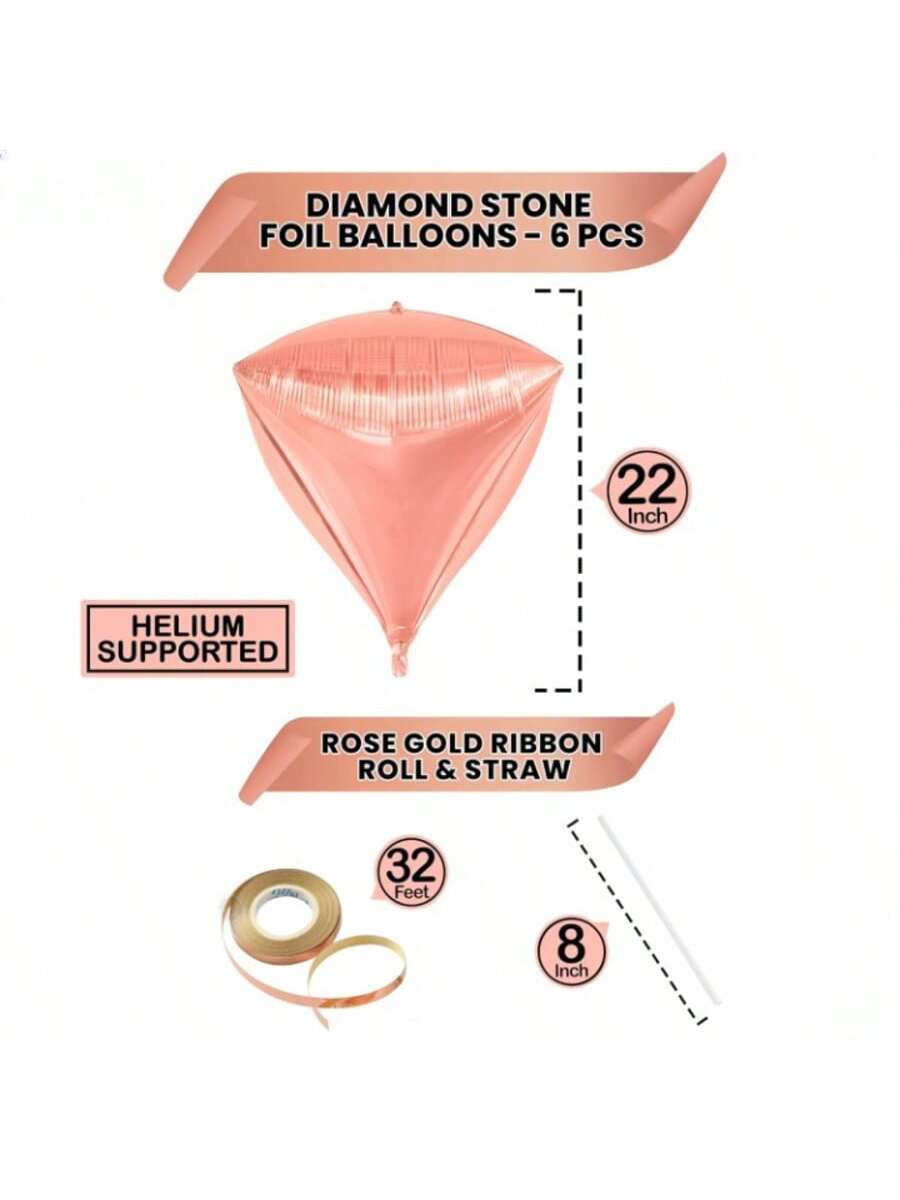 22in Rose Diamond Foil Balloon Set Pack of 6 for Rose Gold Party