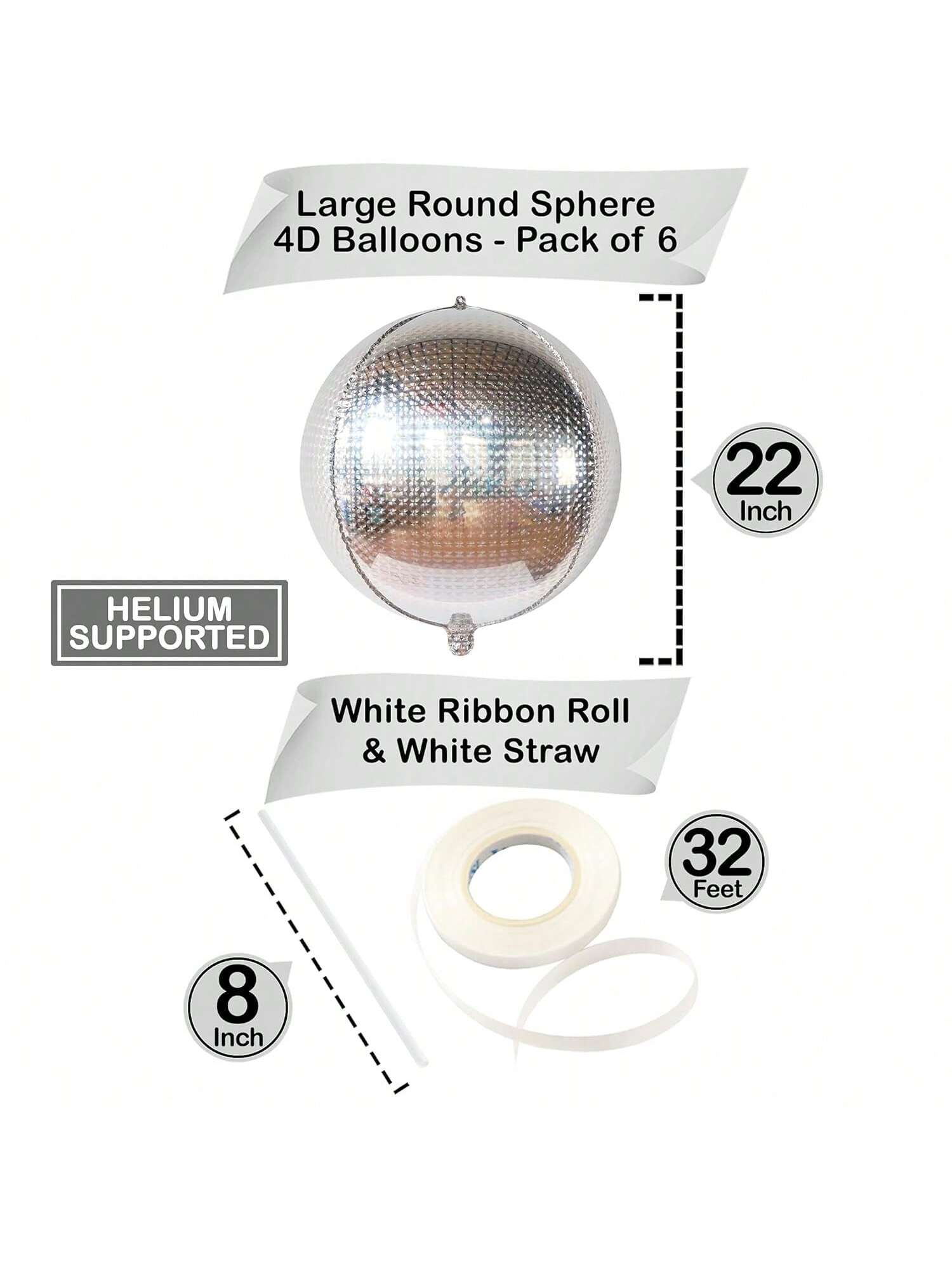 6-Pack 22-Inch Silver Disco Balloons Iridescent Holographic NYE Decorations