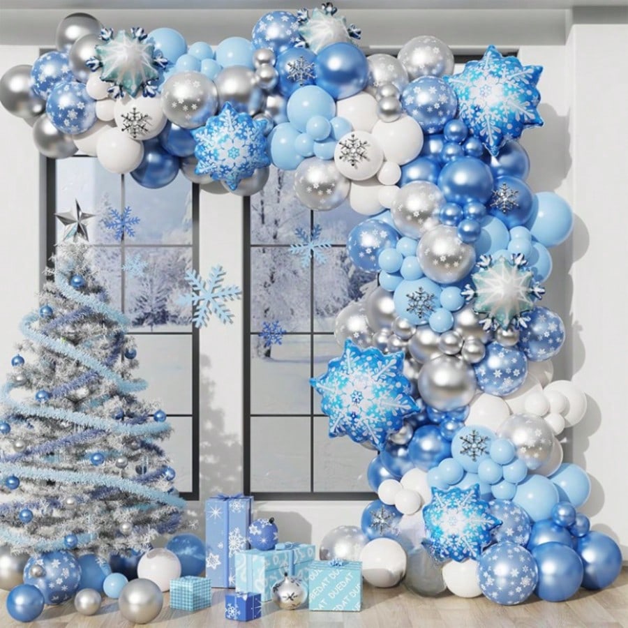 Winter Wonderland Balloon Arch Kit with Blue, Silver, and White Balloons