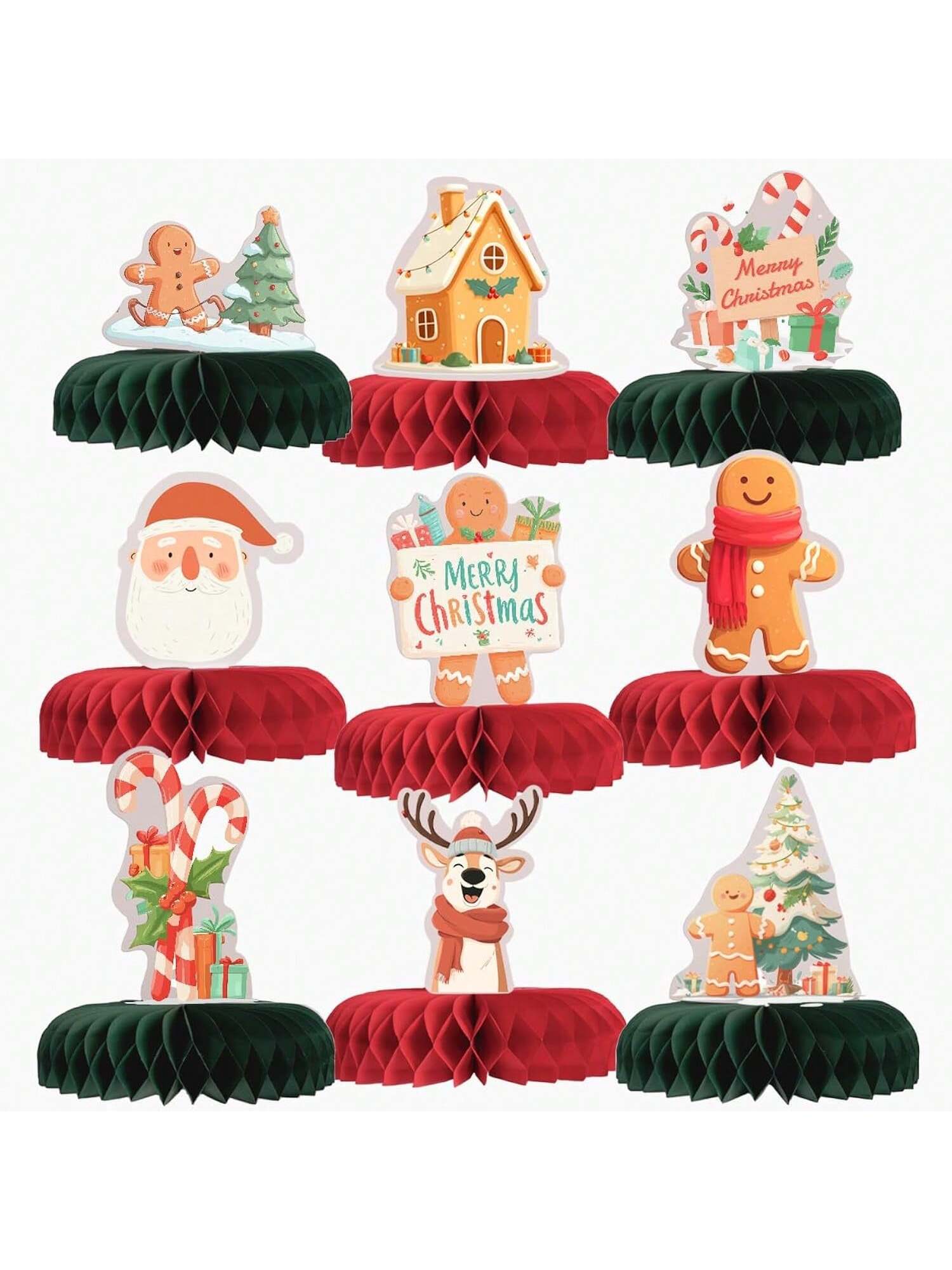 9-Piece Red and Green Christmas Honeycomb Centerpieces for Holiday or Party Decor
