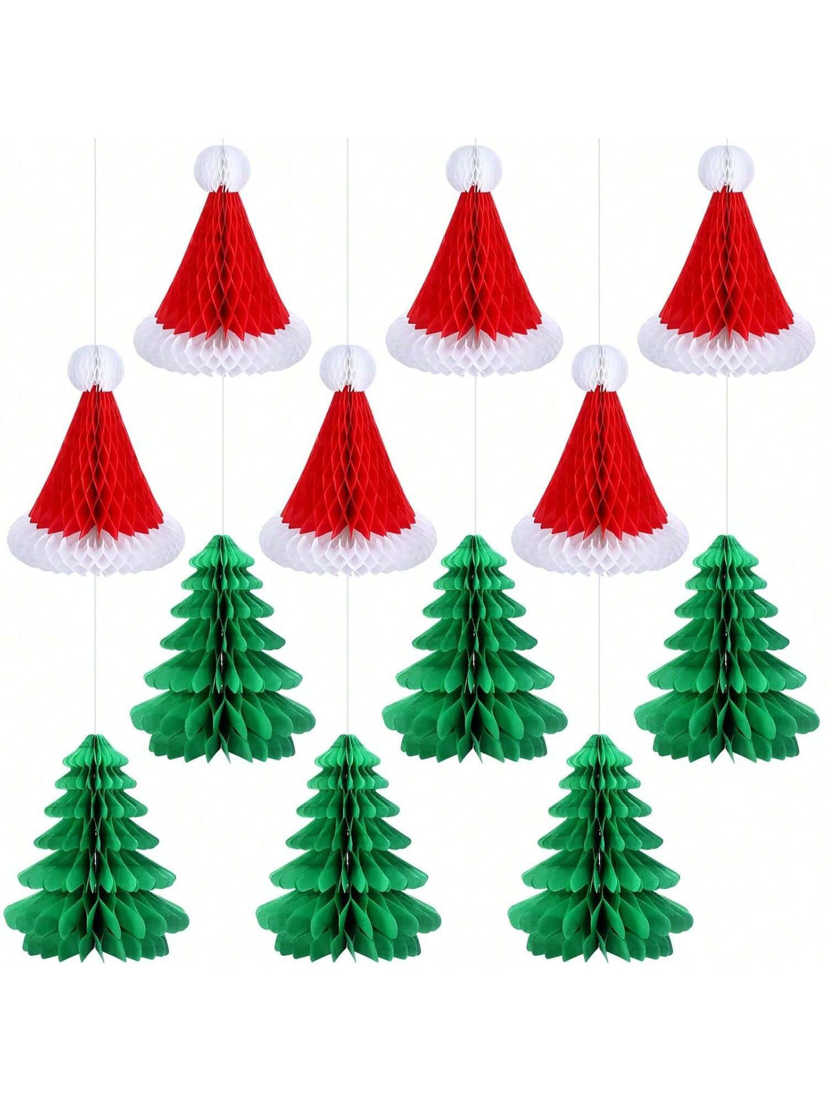 12 Pack 11.8" Christmas Honeycomb Paper Trees – Green & Red Tissue Paper Decorations, Saint Hat Ornaments, Holiday Party Supplies & Table Centerpieces -