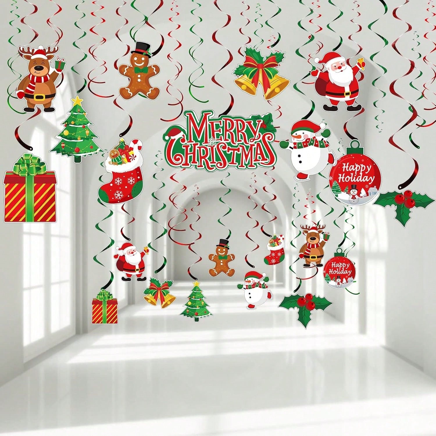 30PCS Christmas Swirl Ceiling Decorations with Santa, Snowman & Elk