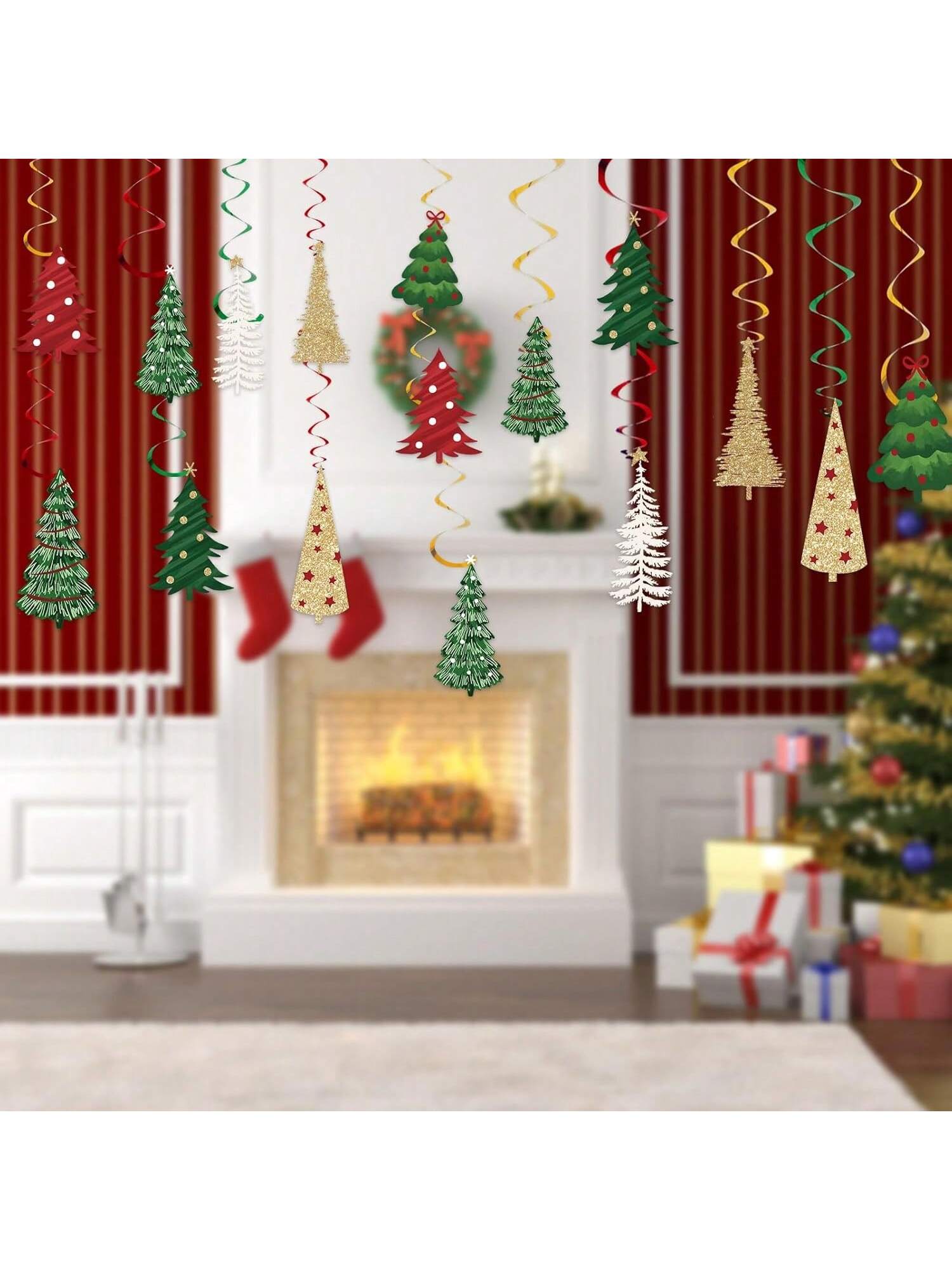 32-Piece Christmas Tree Hanging Swirls Red Green Gold Foil Spiral Decor