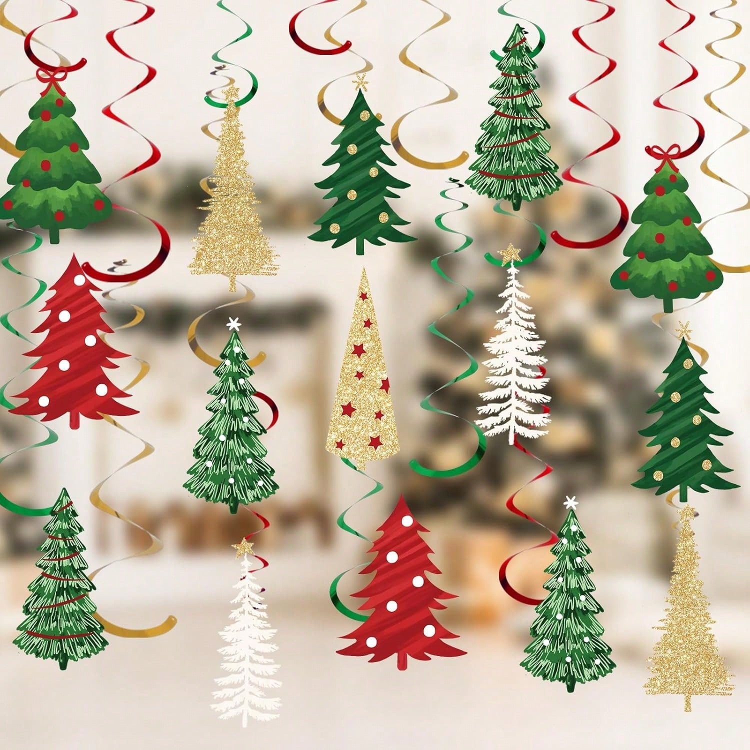 32-Piece Christmas Tree Hanging Swirls Red Green Gold Foil Spiral Decor
