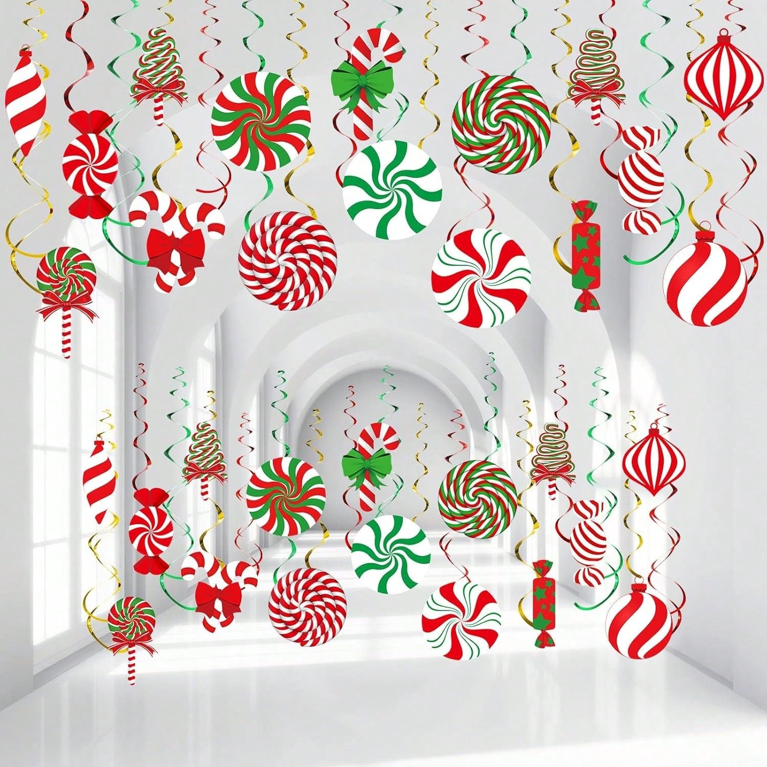 68-Piece Christmas Hanging Swirls Peppermint Candy Ceiling and Wall Decor