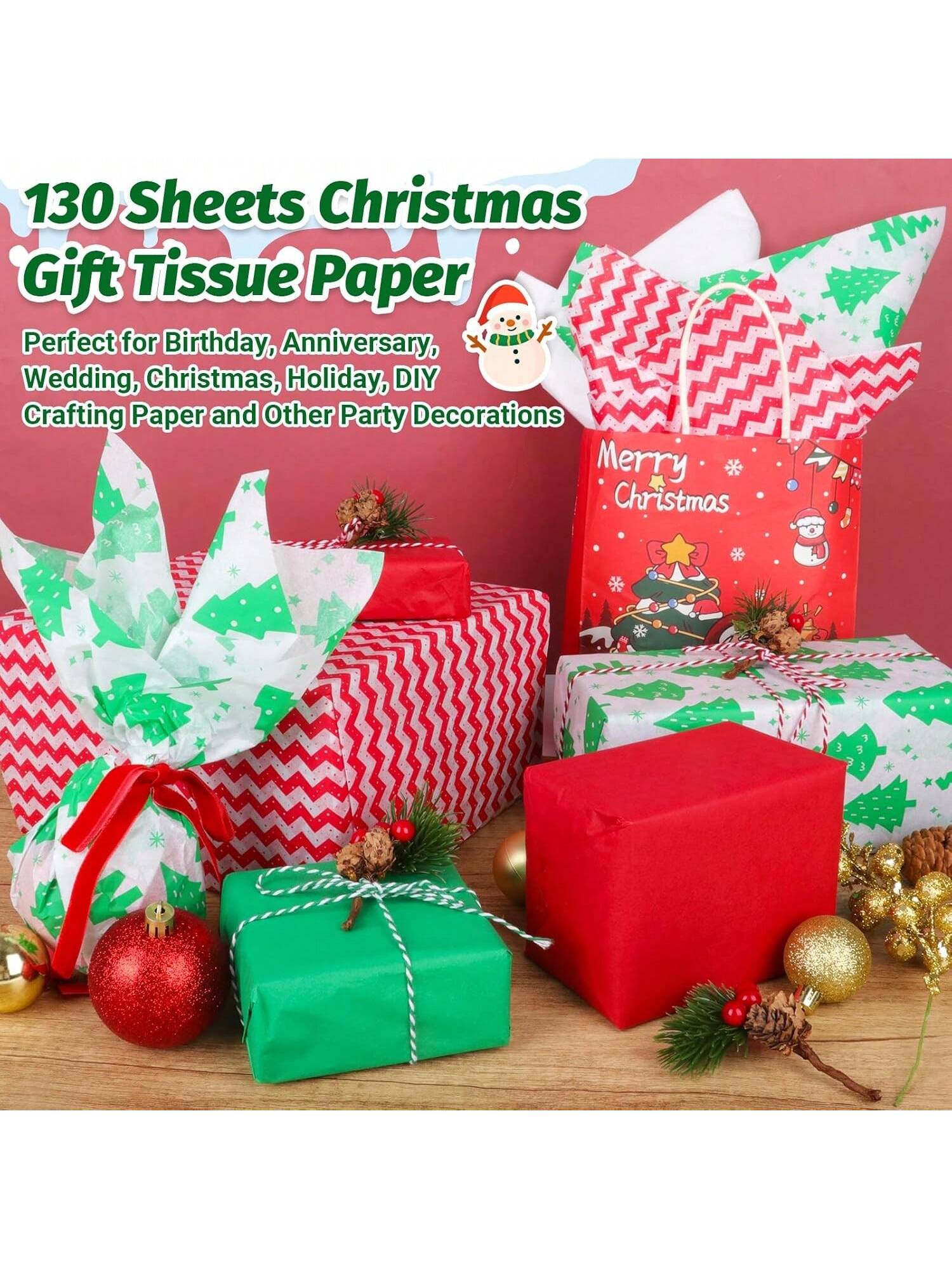 130 Sheet Christmas Tissue Paper Set 5 Festive Designs for Gifts and Crafts