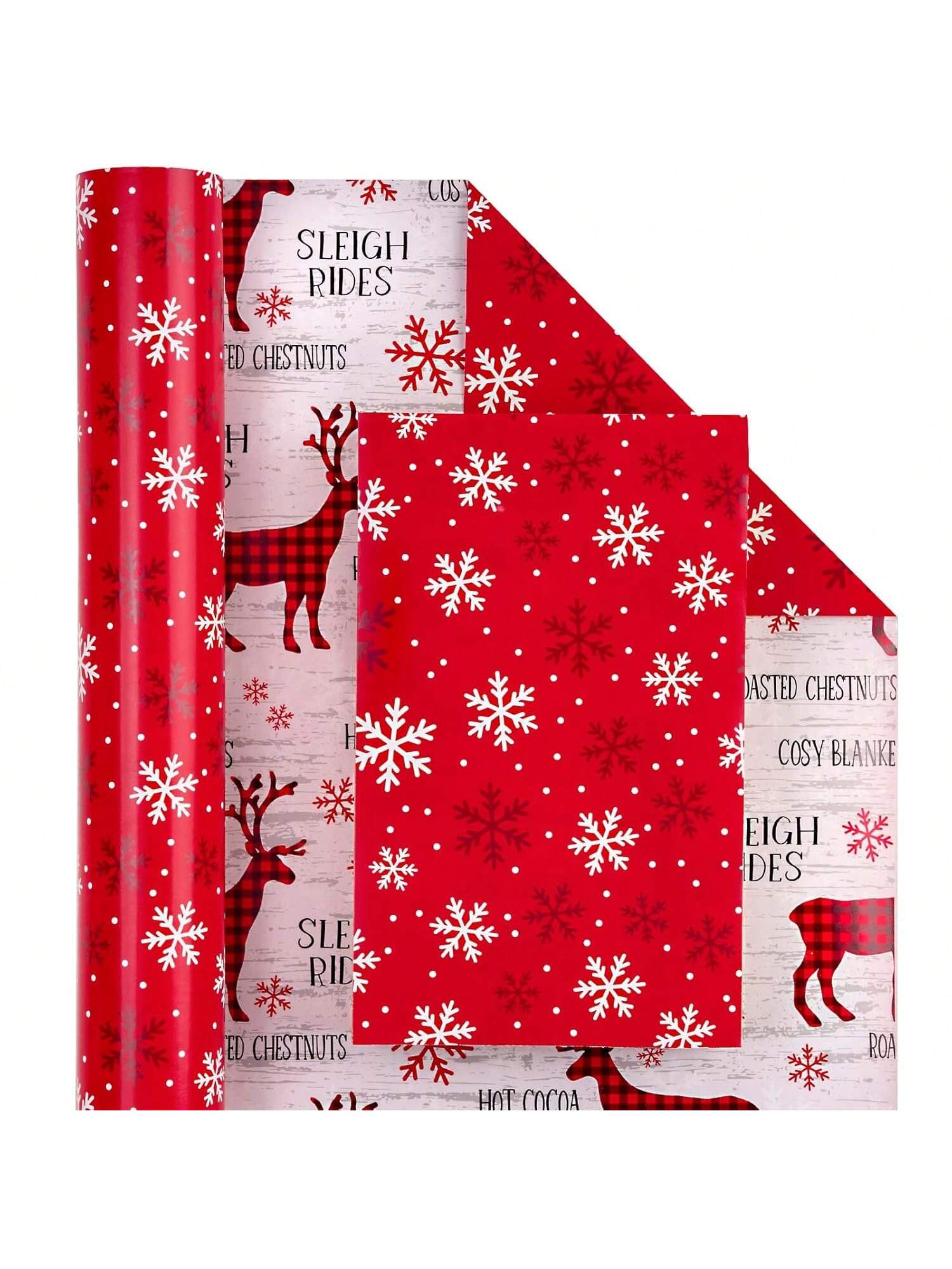 Reversible Christmas Wrapping Paper Roll 17x33ft Red White Reindeer & Snowflake Designs