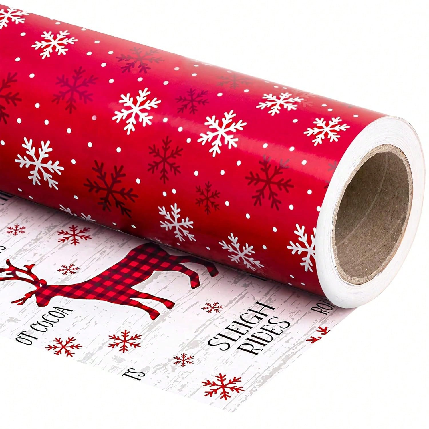 Reversible Christmas Wrapping Paper Roll 17x33ft Red White Reindeer & Snowflake Designs