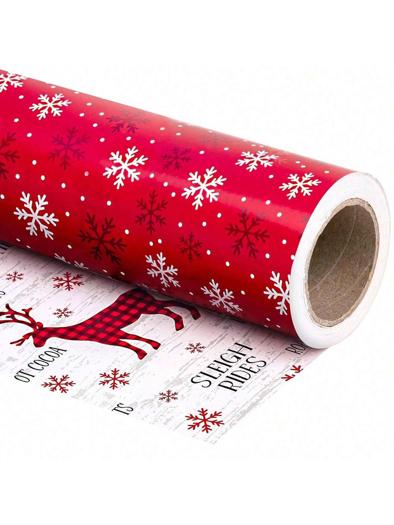 Reversible Christmas Wrapping Paper Roll 17x33ft Red White Reindeer & Snowflake Designs