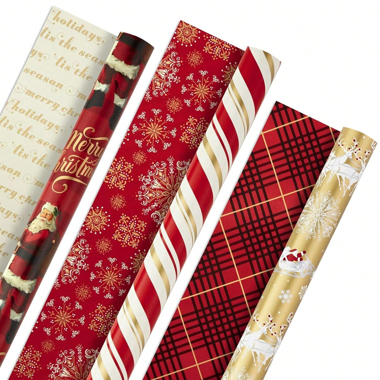 Set Of 3 Reversible Christmas Wrapping Paper Rolls (120 Sq. Ft. Total) With Red & Gold Snowflakes, Stripes, Plaid & Santa's Sleigh Designs,