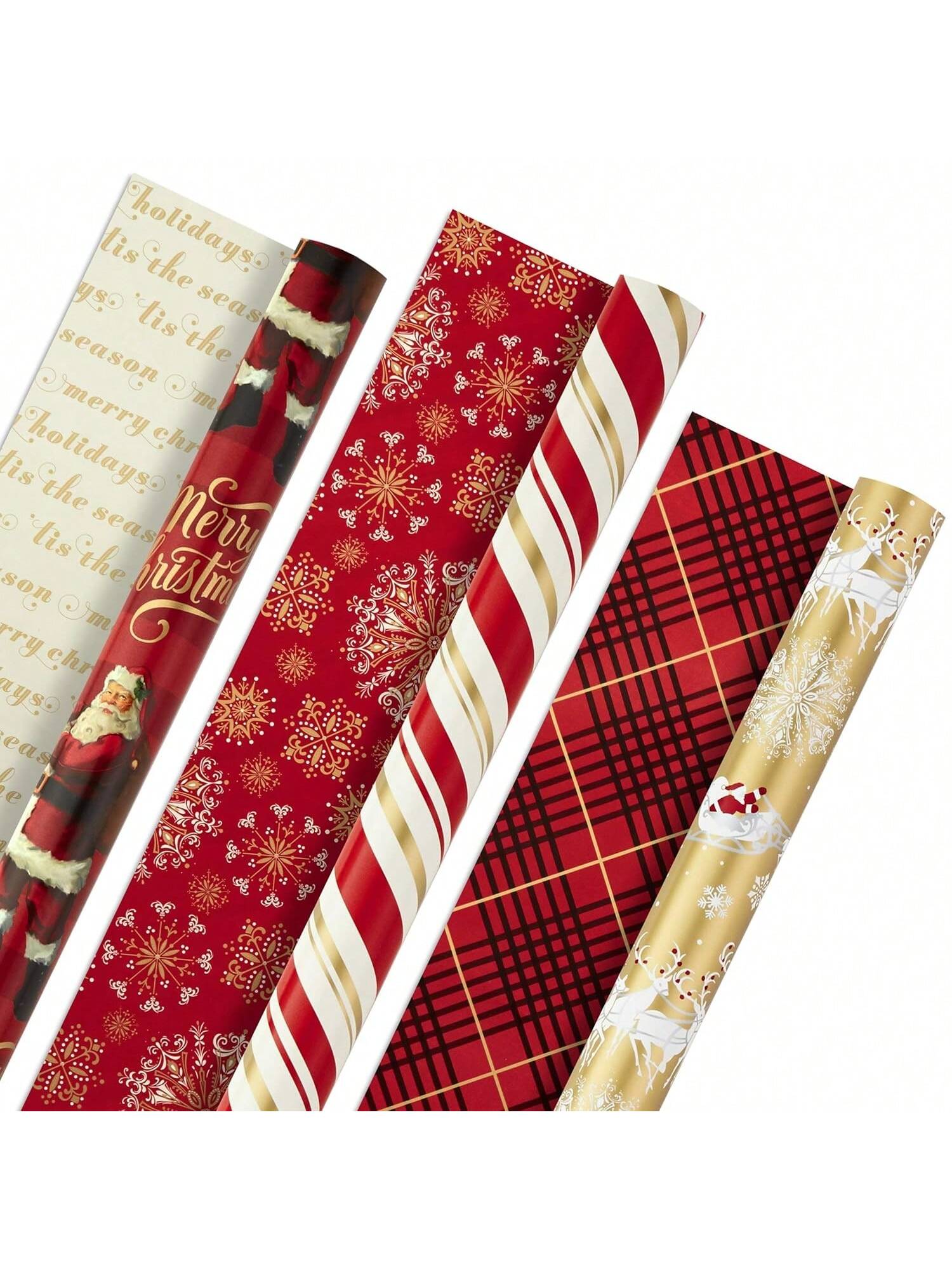 Set Of 3 Reversible Christmas Wrapping Paper Rolls (120 Sq. Ft. Total) With Red & Gold Snowflakes, Stripes, Plaid & Santa's Sleigh Designs,