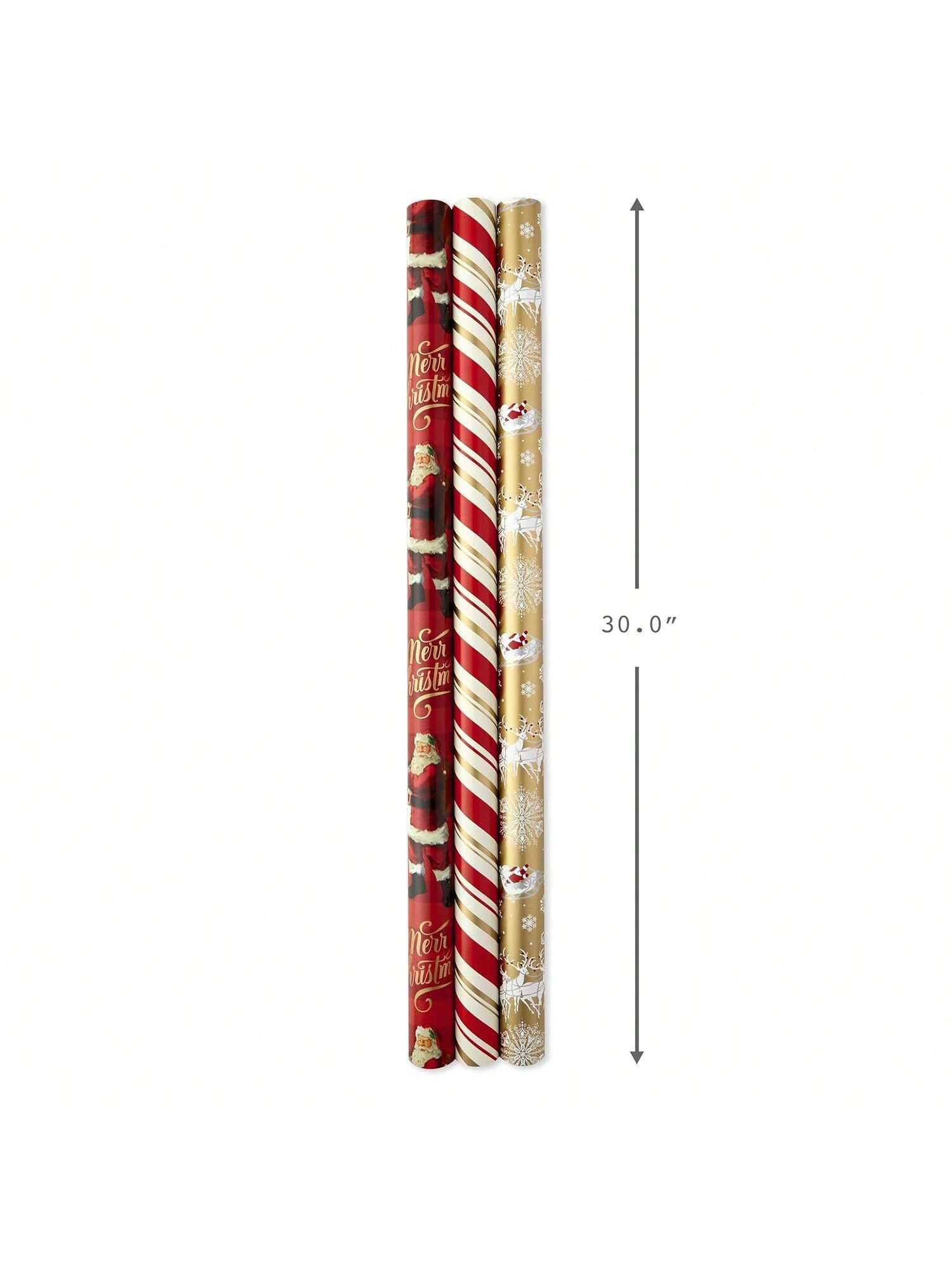 Set Of 3 Reversible Christmas Wrapping Paper Rolls (120 Sq. Ft. Total) With Red & Gold Snowflakes, Stripes, Plaid & Santa's Sleigh Designs,