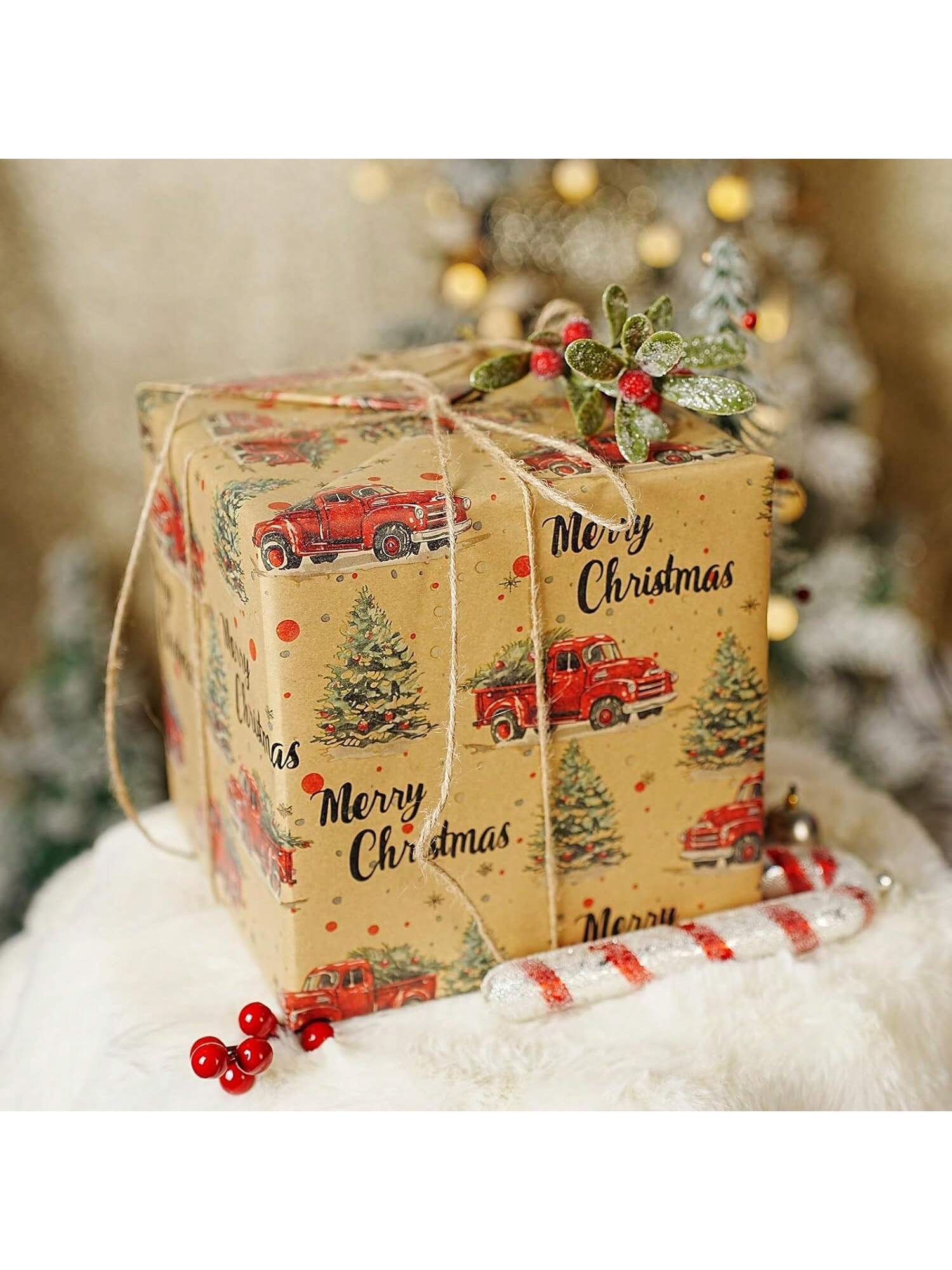 Reversible Kraft Christmas Wrapping Paper 17x33in Vintage Trucks