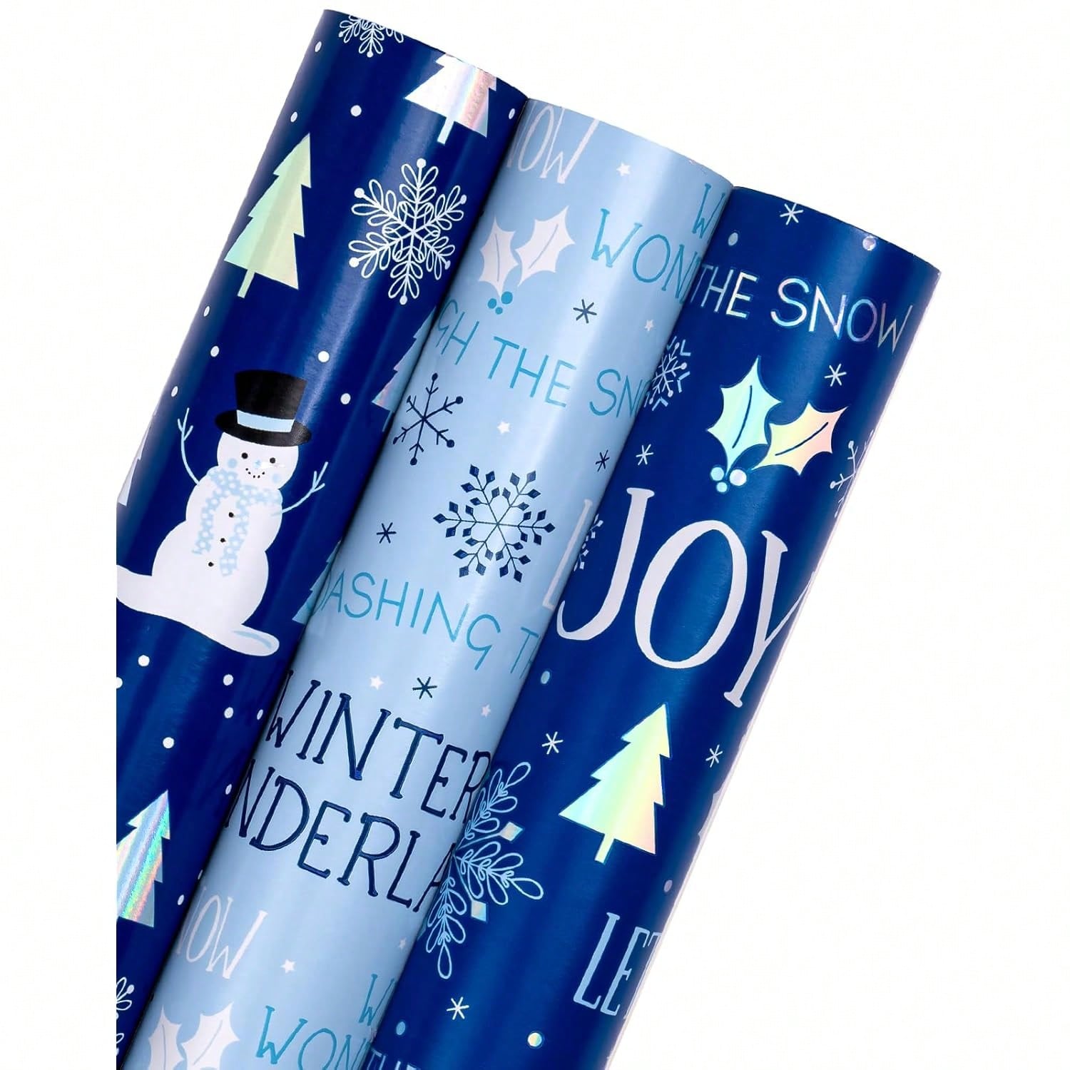 3-Pack Mini Christmas Wrapping Paper Rolls 17x120in Blue White Snowflake & Snowman Designs
