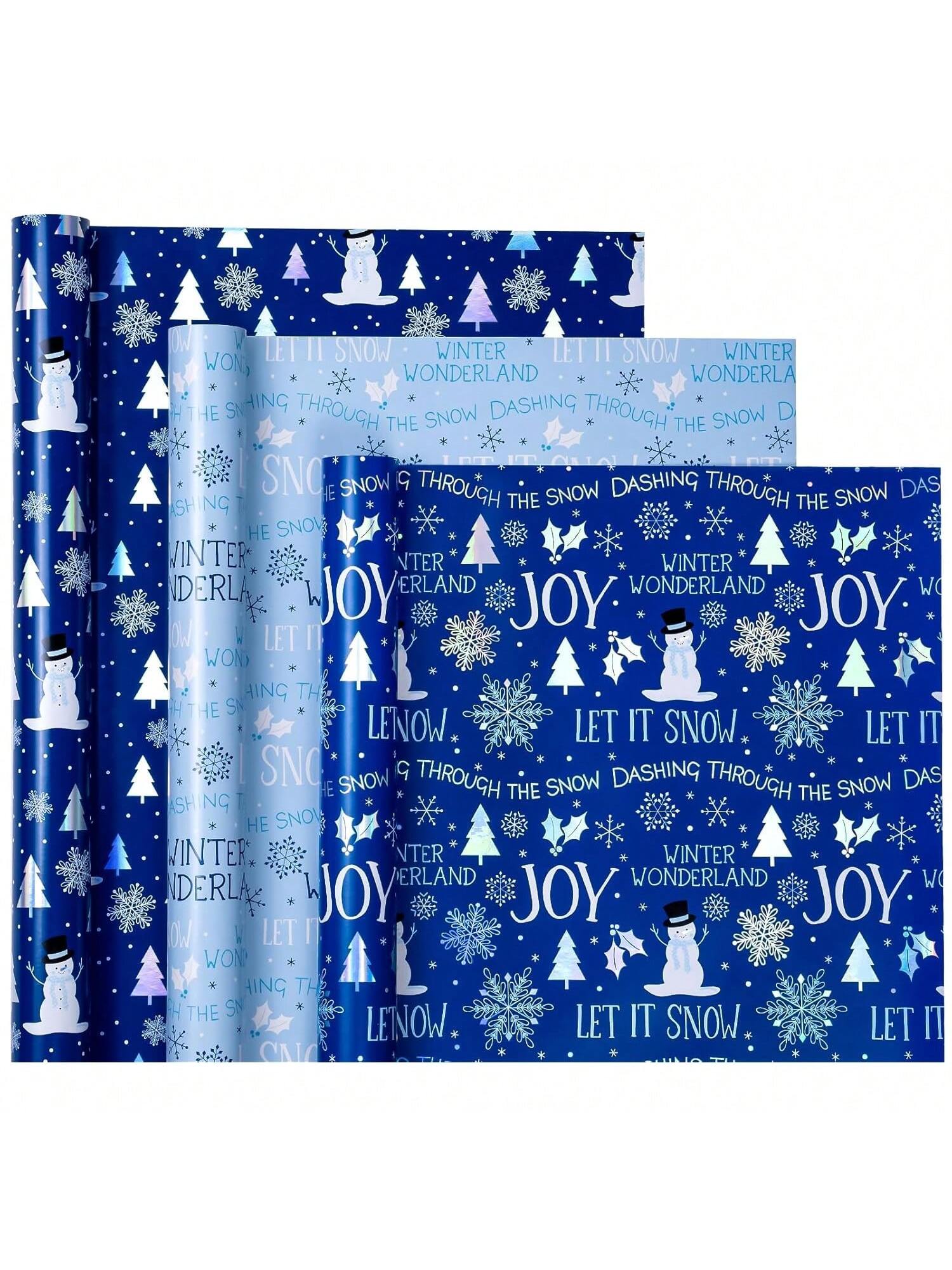 3-Pack Mini Christmas Wrapping Paper Rolls 17x120in Blue White Snowflake & Snowman Designs