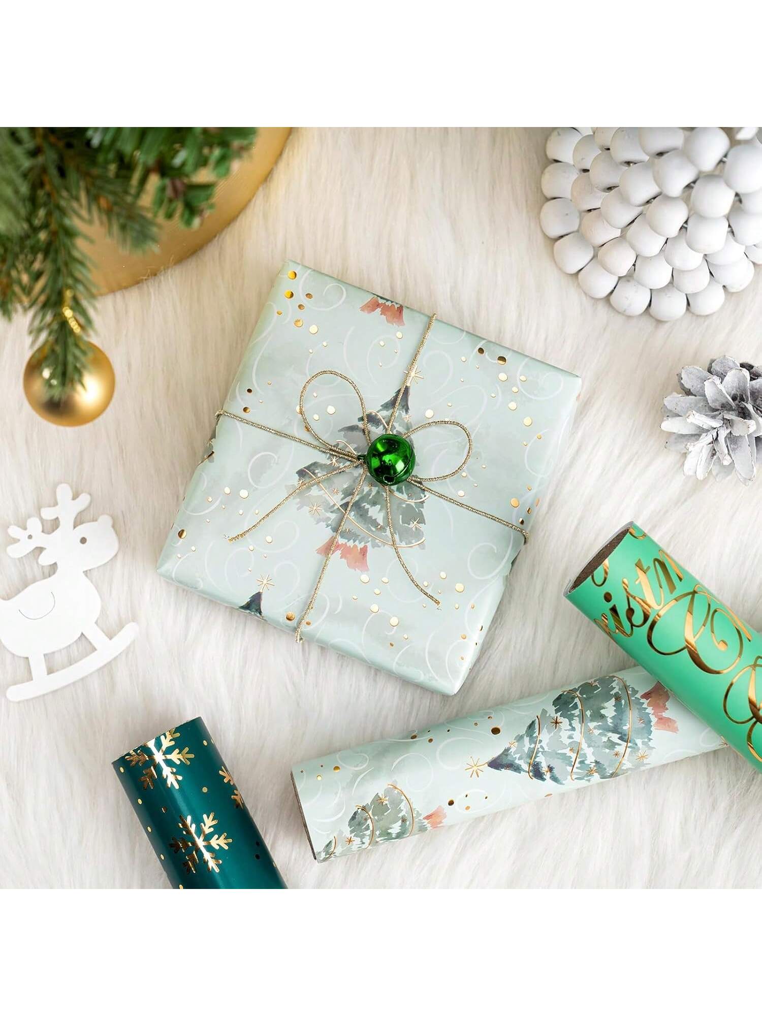 3-Pack Christmas Wrapping Paper Rolls 17x120in Green Foil Tree & Snowflake Designs