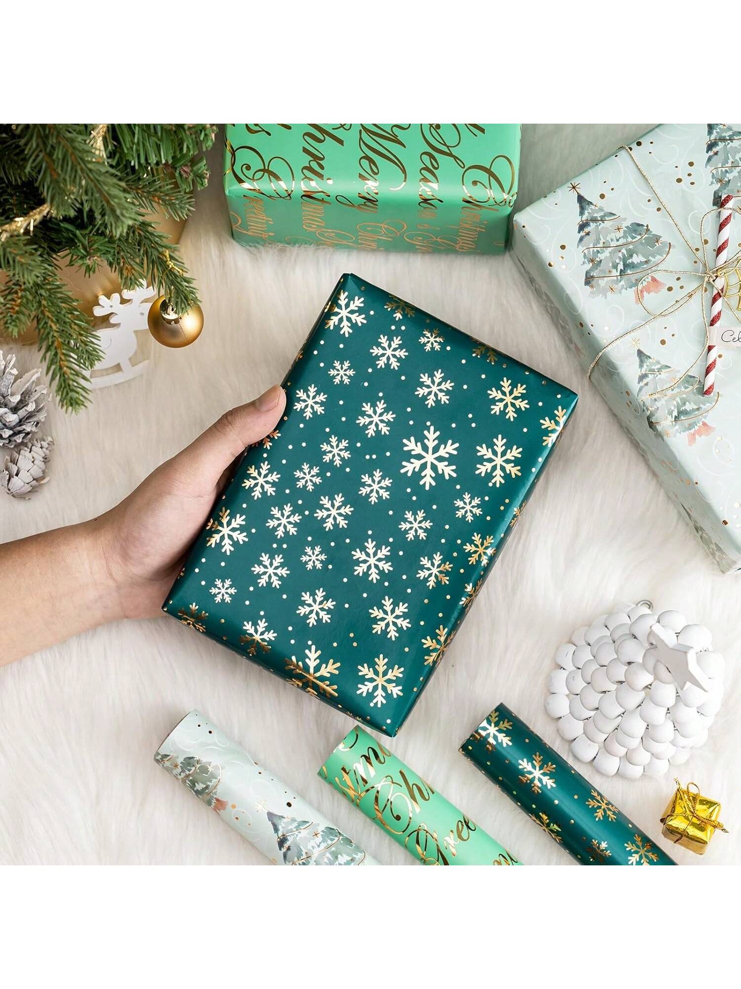 3-Pack Christmas Wrapping Paper Rolls 17x120in Green Foil Tree & Snowflake Designs